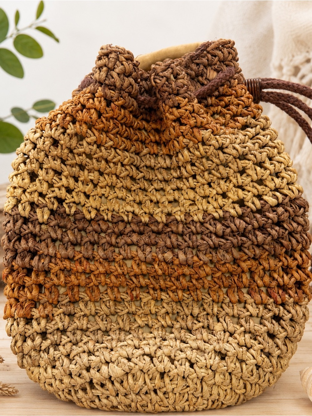 Corn Husk Woven Shoulder Sling Bag Boho Drawstring Natural Fiber Purse